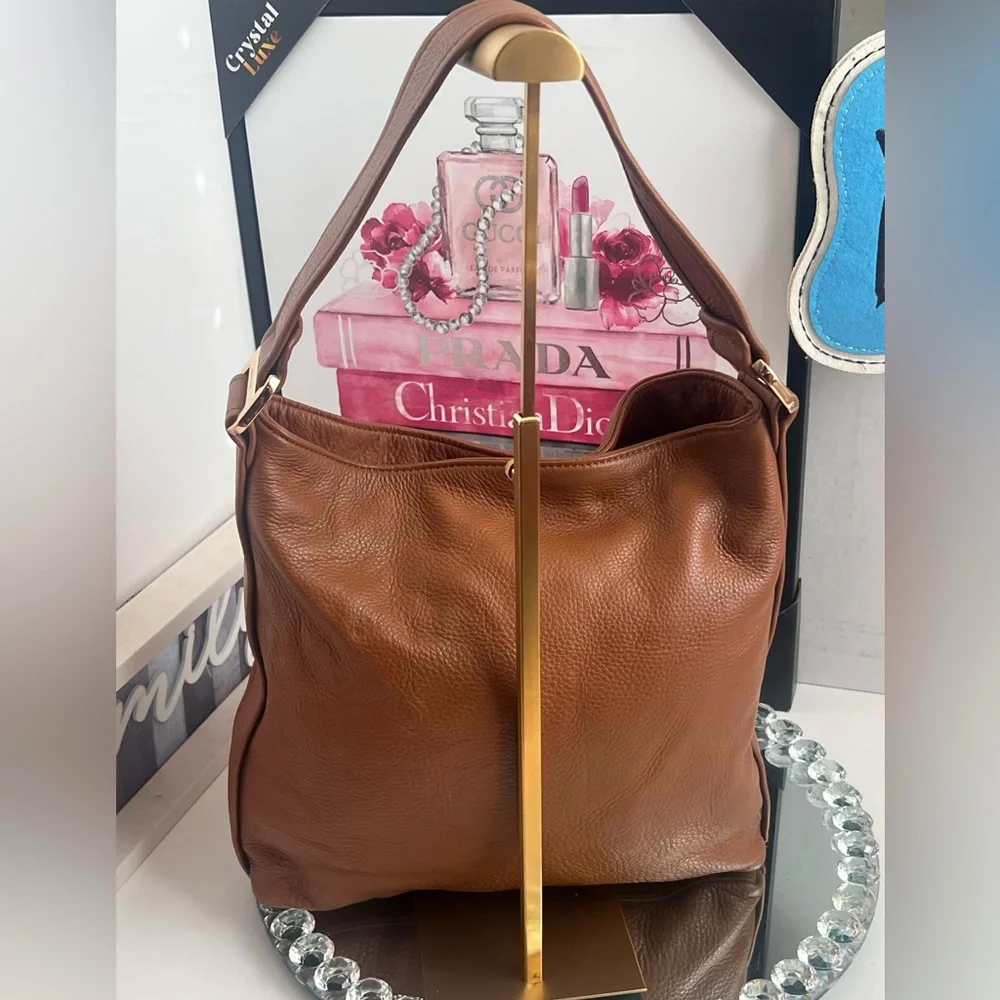 Michael Kors Pushlock brown Leather Hobo Shoulder Bag